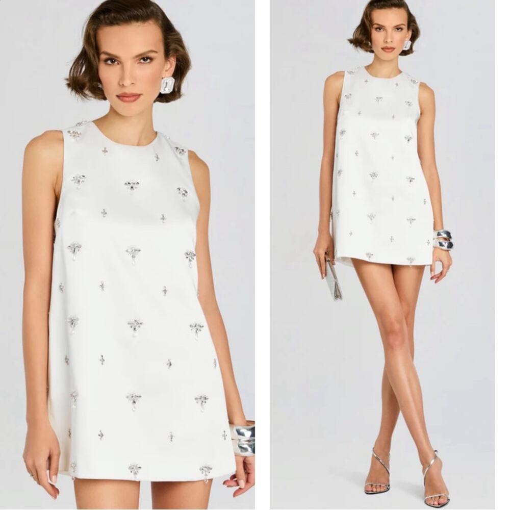 RETROFETE Tylee Crystal Embellished Satin White Mini Dress Size XS